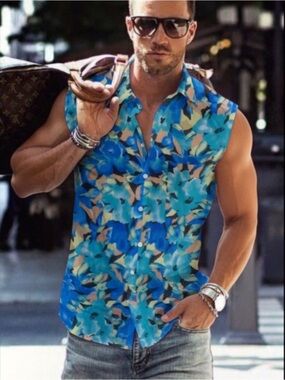 Boutique Mens Sleeveless Button Up Floral Summer Vacation Shirt Medium Fits L